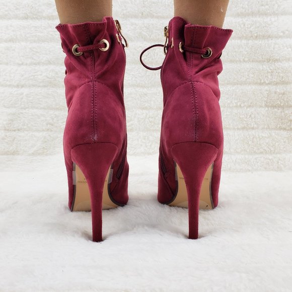 Burgundy Wine Red Drawstring Open Toe High Heel Ankle Boots - Picture 7 of 10